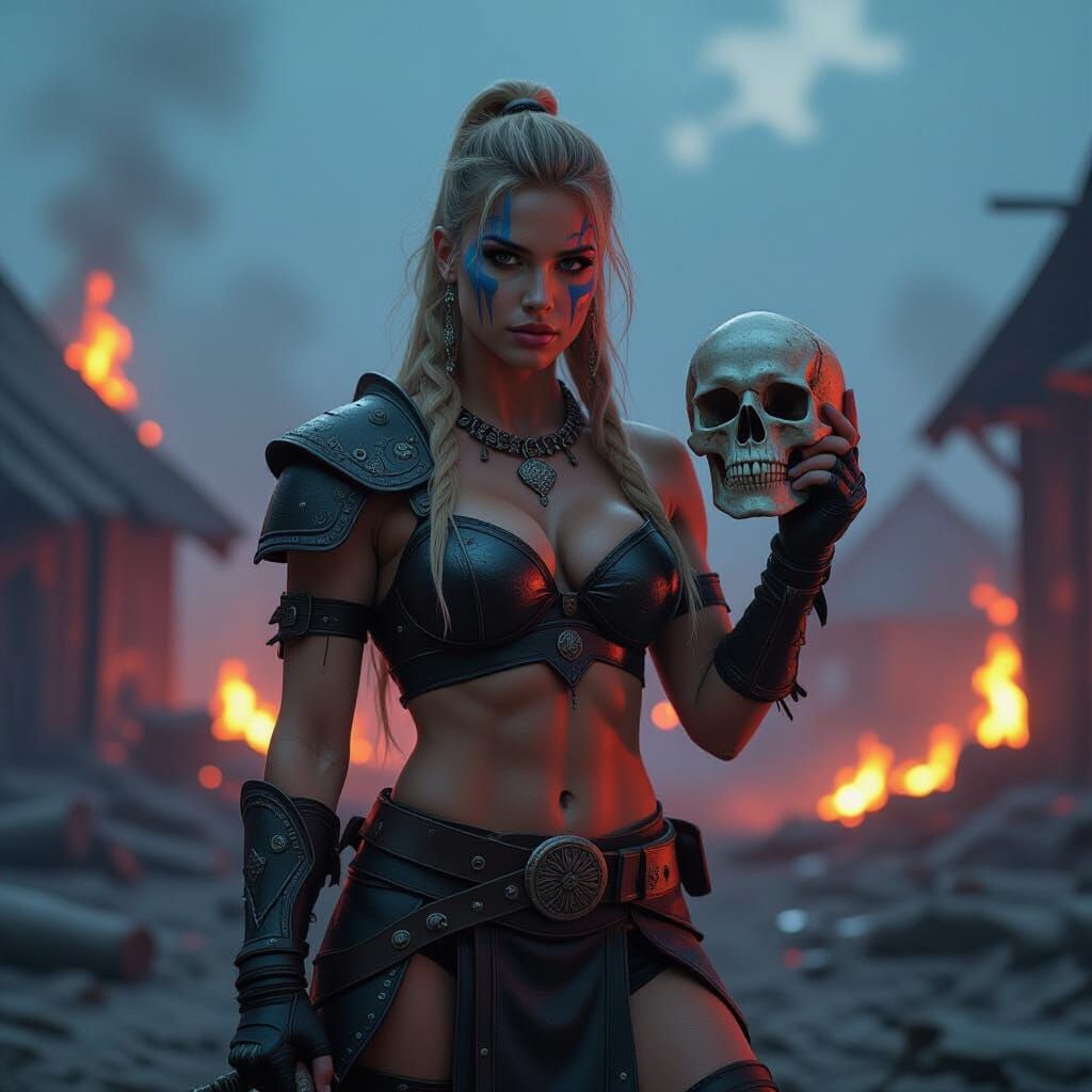 Barbarian Woman in Burning Village: Synthwave Neon Art