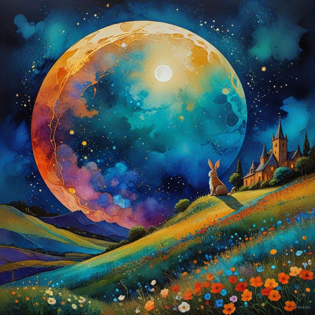 Surreal Fantasy Rabbit Under Vibrant Full Moon