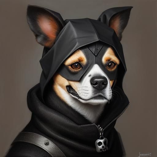 A jack russell dog wearing a black skull origami mask