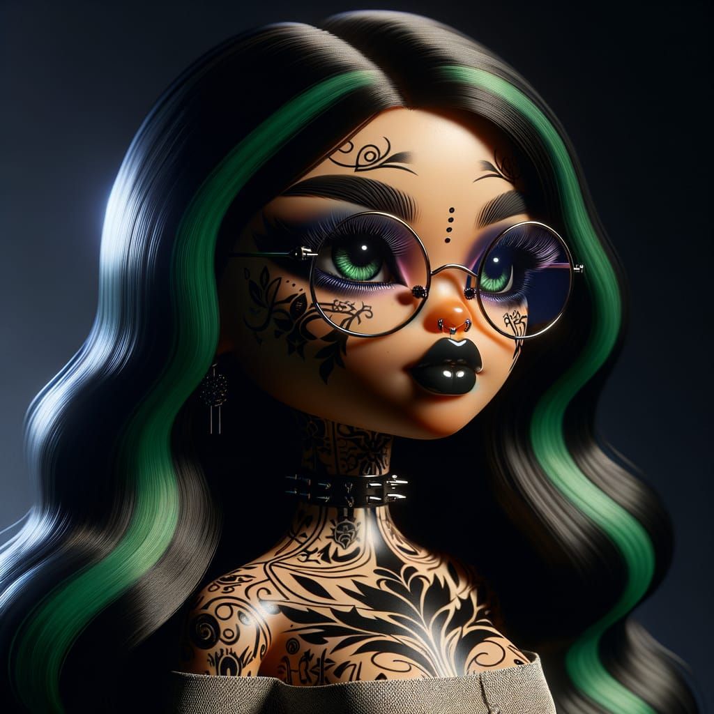 Cyberpunk Bratz Doll with Green Hair and Black Tattoos