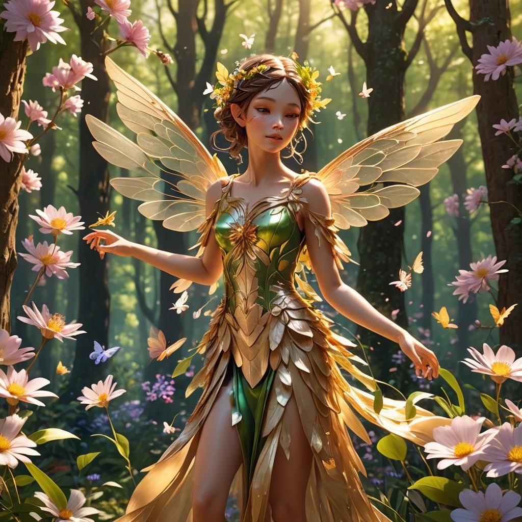 Delicate Spring Fae in Sunlit Forest