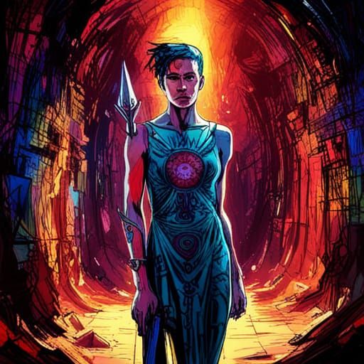 Alien Goddess Vault Guard in a Maximalist Style