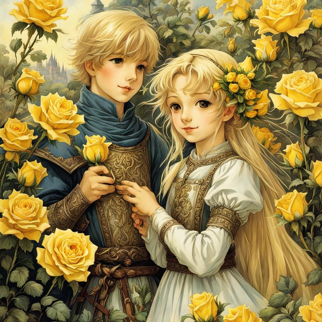 Medieval Children in Rose Garden, Arthur Rackham Style