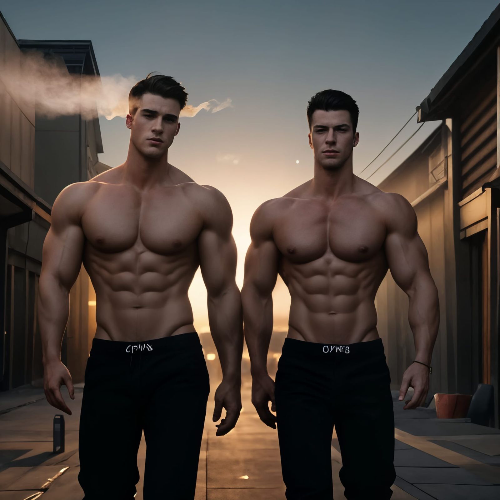 Two Handsome Men Vaping in a Sunset Alley