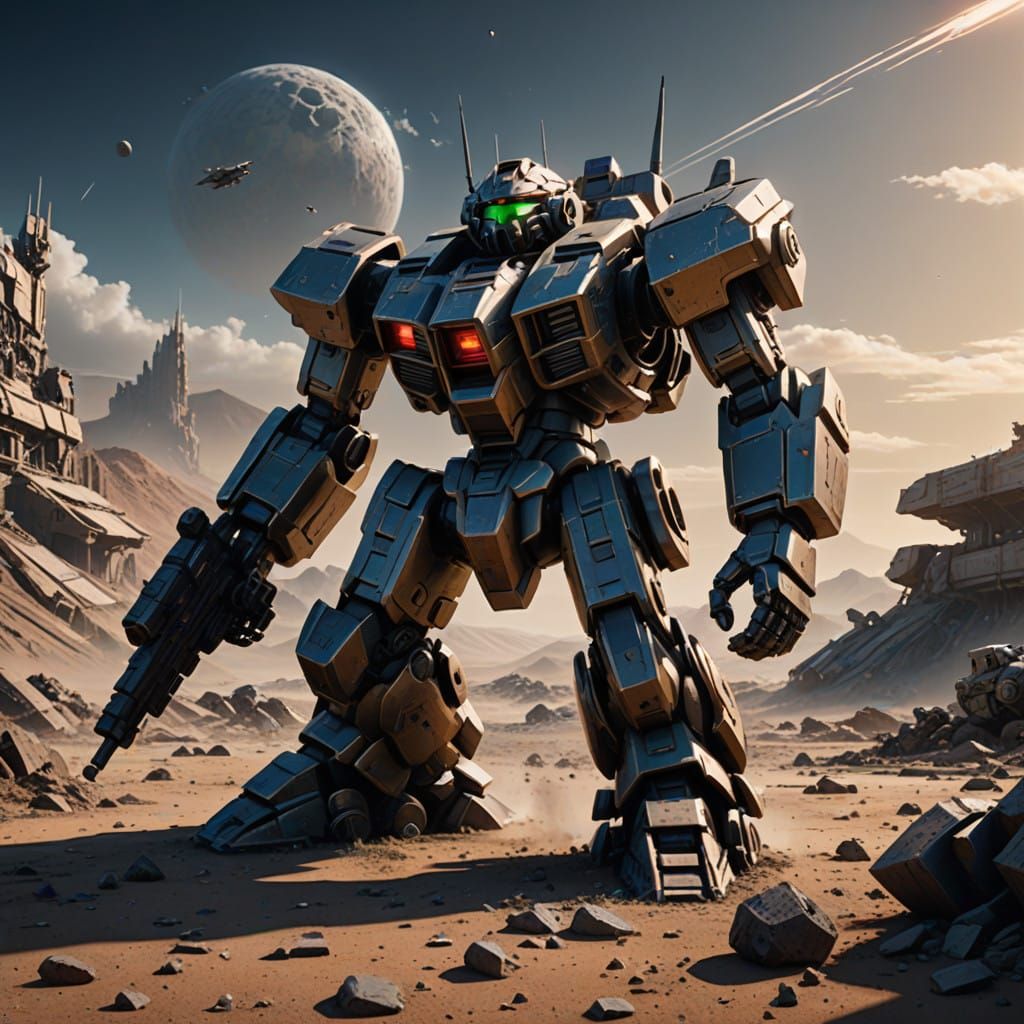 Abandoned Mobile Suit on a War-Torn Battlefield