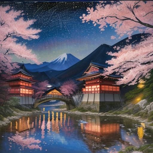 Japanese Nightscape in Expressionist Oil Painting