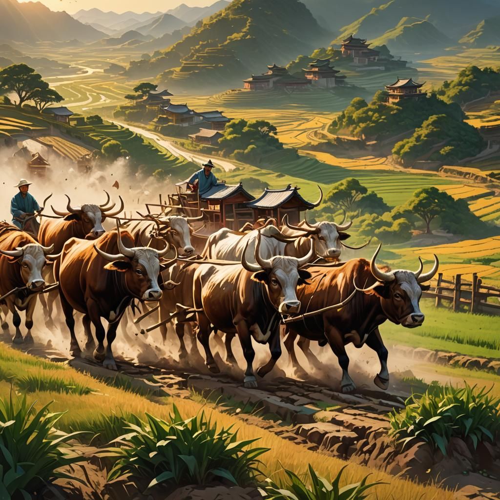 Oxen Plowing Fields in Ancient China at Sunset