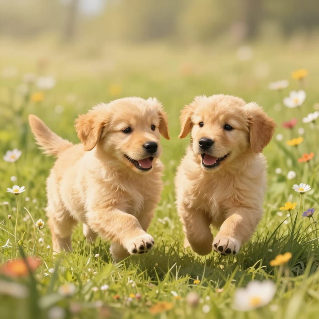 Adorable Puppies Play in Sunlit Meadow