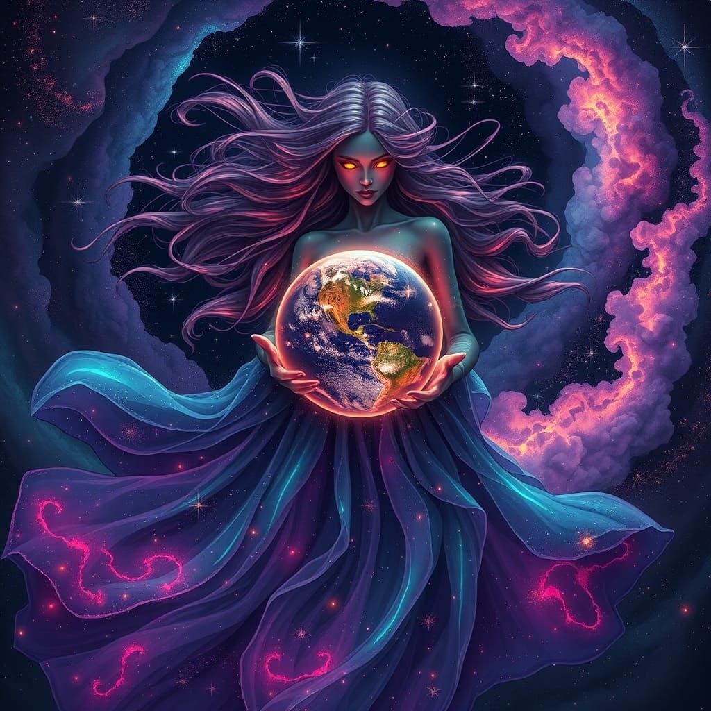 Ethereal Woman in Cosmic Dreamscape with Nascent Planet