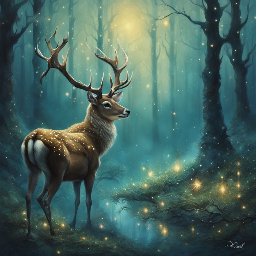 Surreal Forest Scene with Deer and Melting Clock