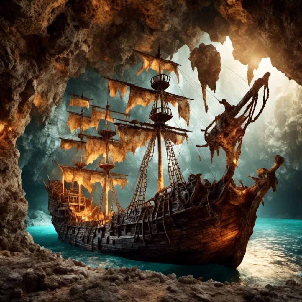 Pirate Ship Trapped in Cave: Hyperrealistic Image