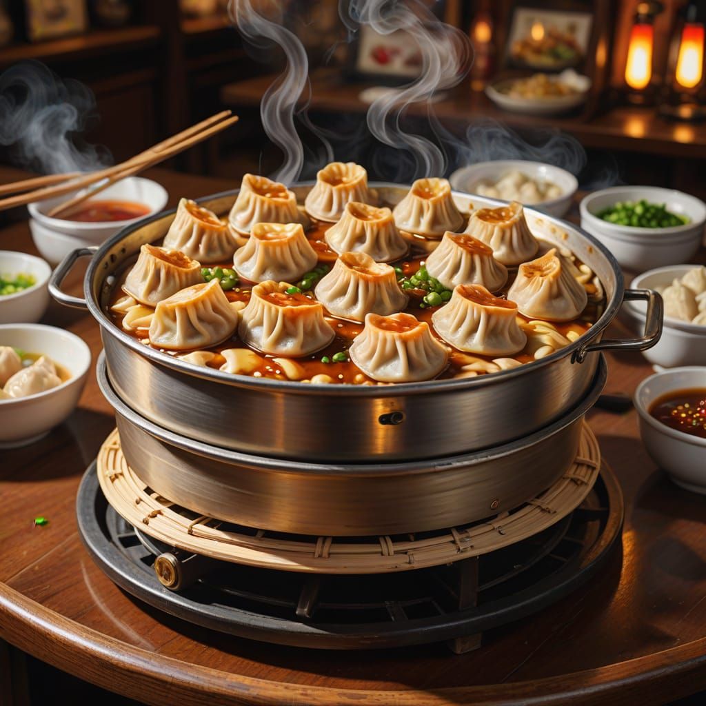 Stunning Oil Painting of Steaming Dumplings in a Chinese Res...
