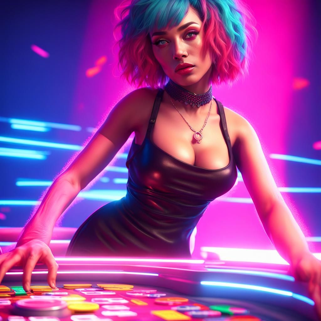 Vibrant Pink Hair in a Neon Casino