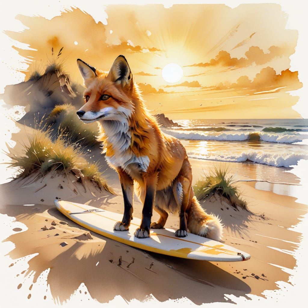 Fox Lifeguard on Beach at Sunrise as Watercolor