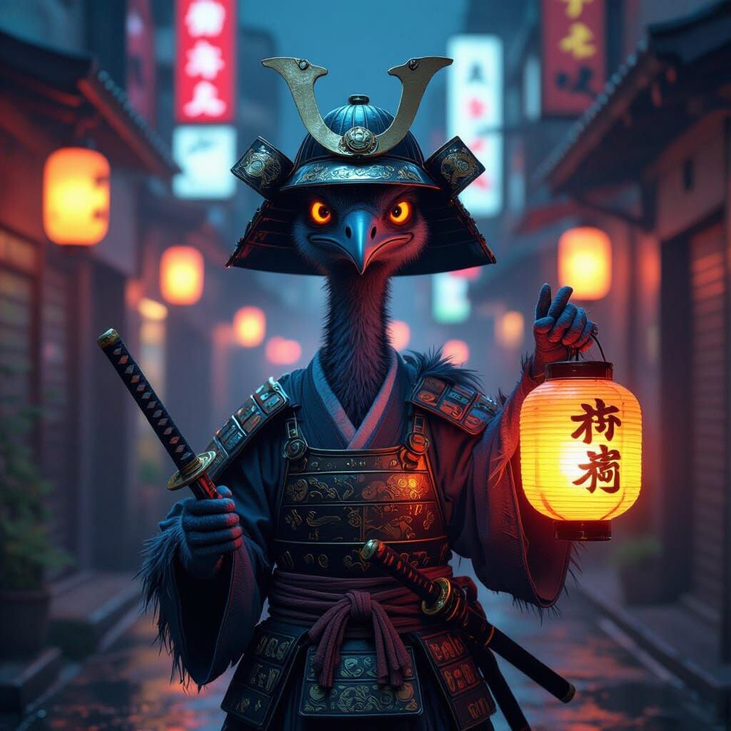 Bewildered Emu Samurai in Neon Tokyo Alley