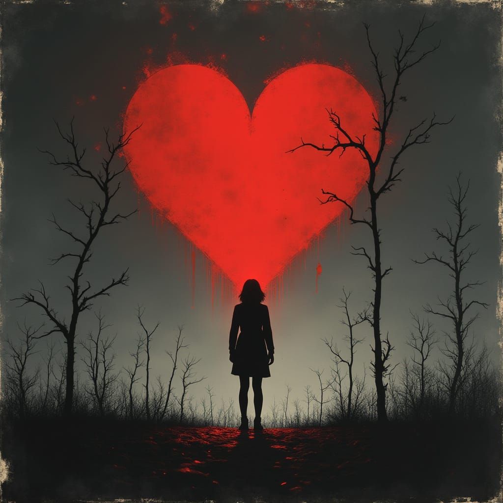 Silhouetted Figure Gazing at Pulsing Heart in Moonlit Landsc...