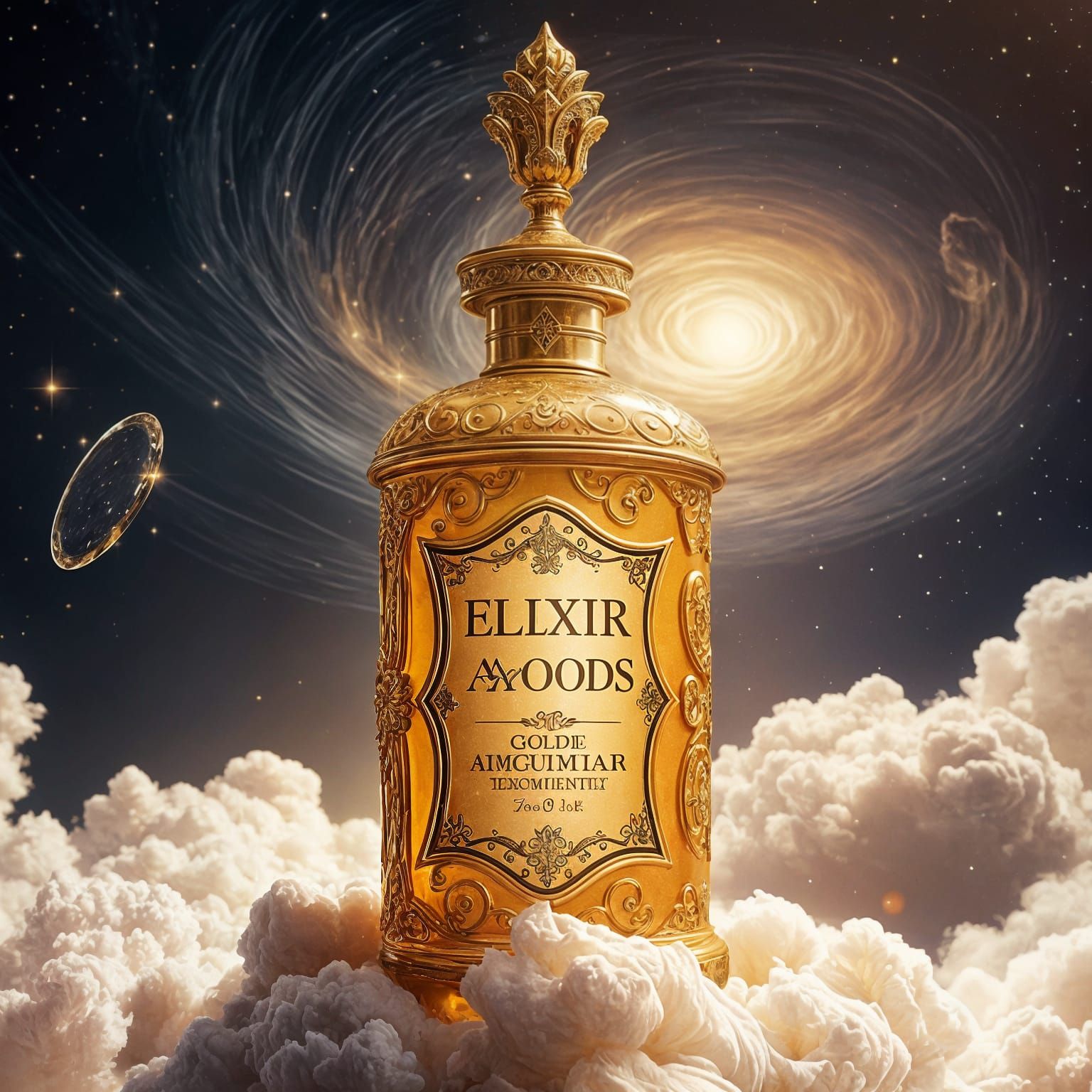 Golden Beauty Serum in Antique Bottle, Celestial Scene