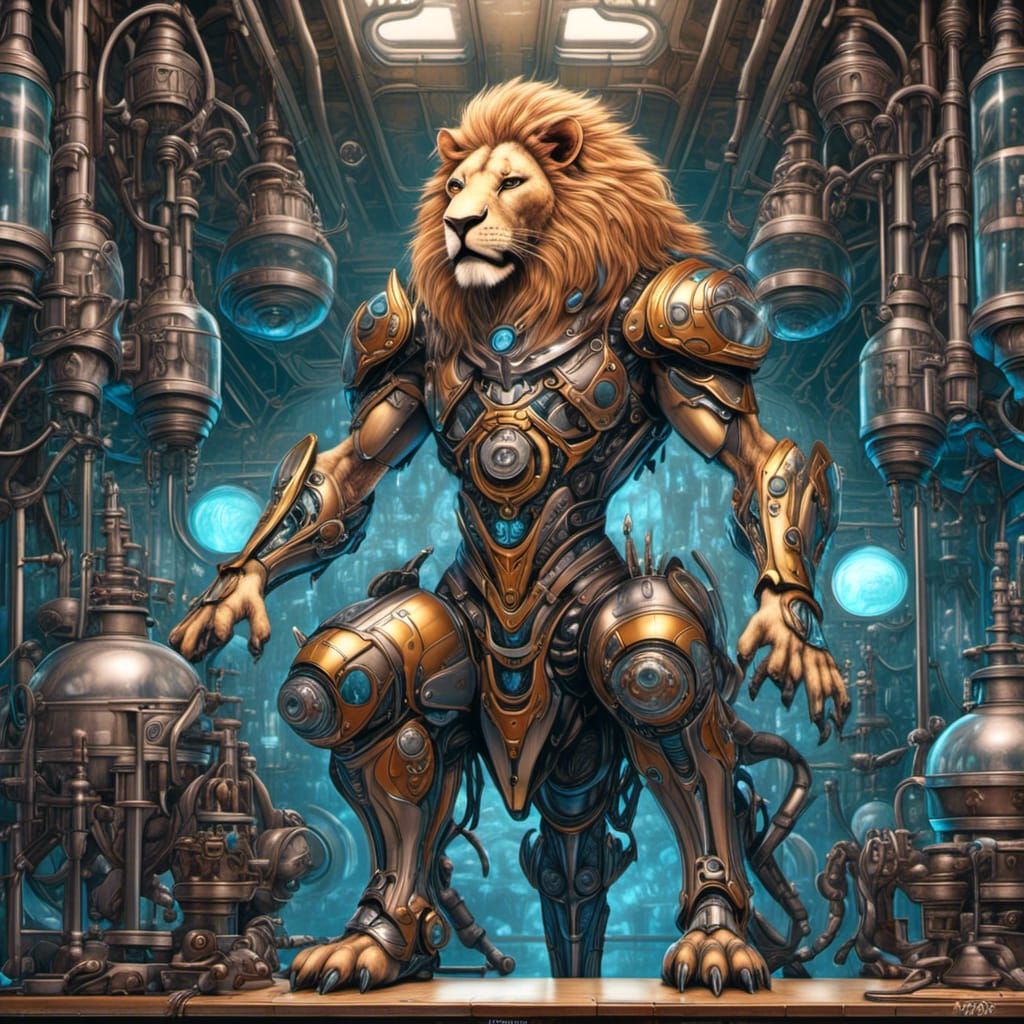 Anthro Lion Cyborg in Sci-Fi Lab, Colored Pencil Sketch