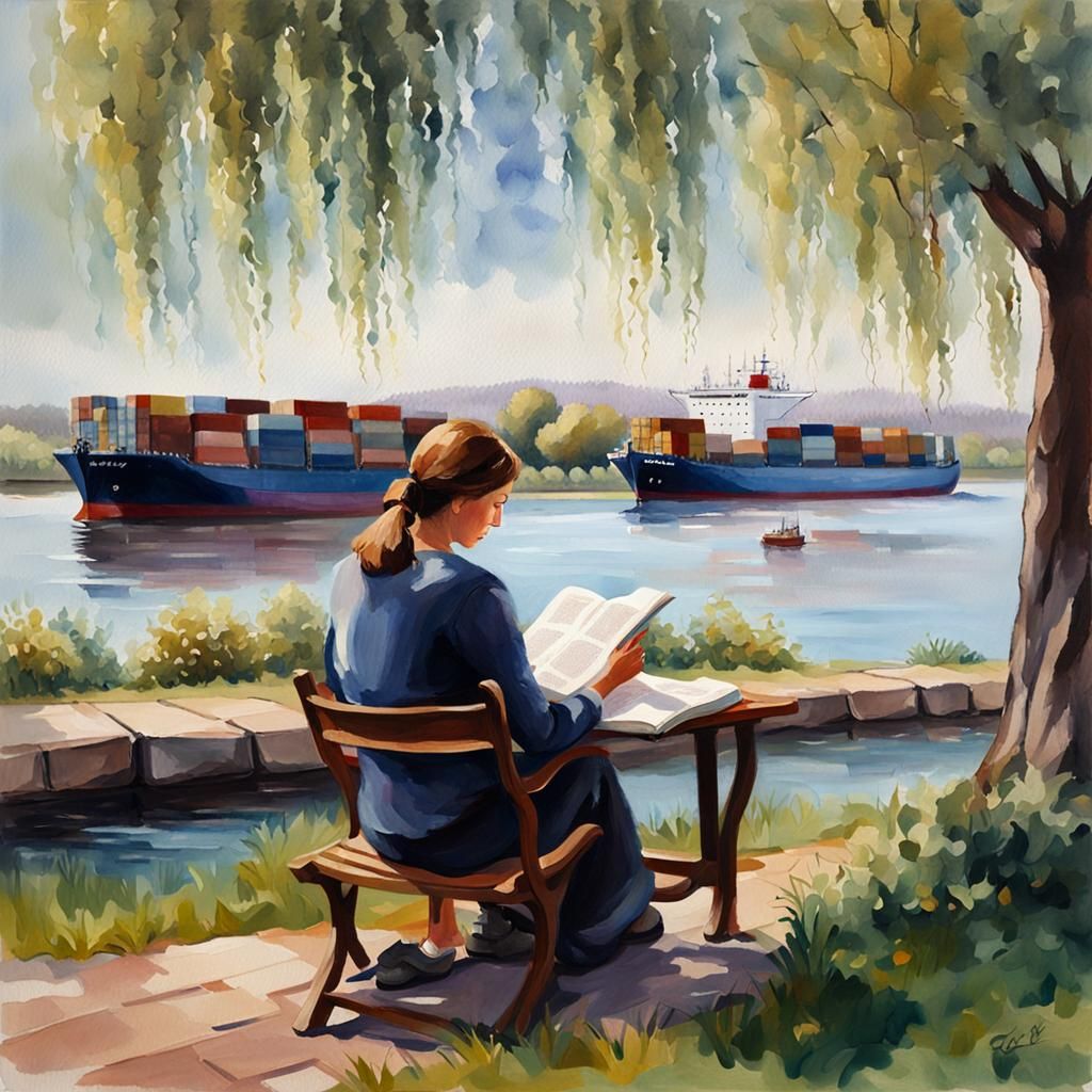 Pensive Woman Reading by River: Impressionist Painting