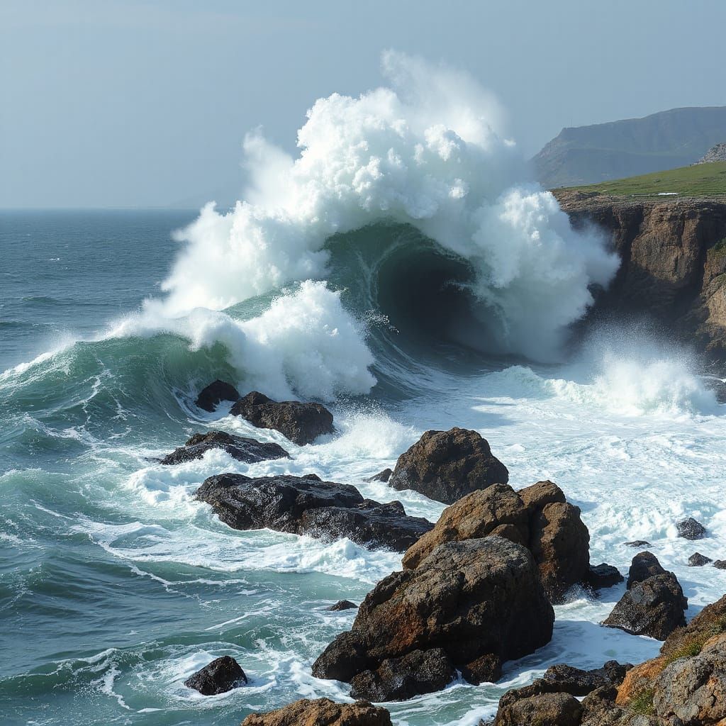 Tsunami Wave Crashing on Rocky Coastline