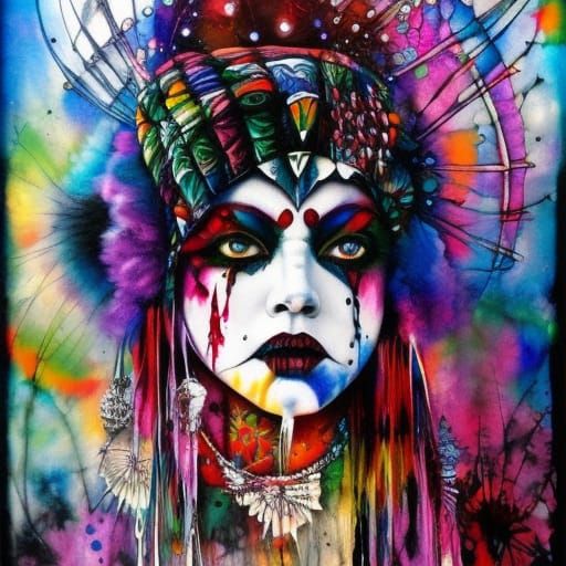 Sad Circus Clowns in Steampunk Sunset, Mixed Media