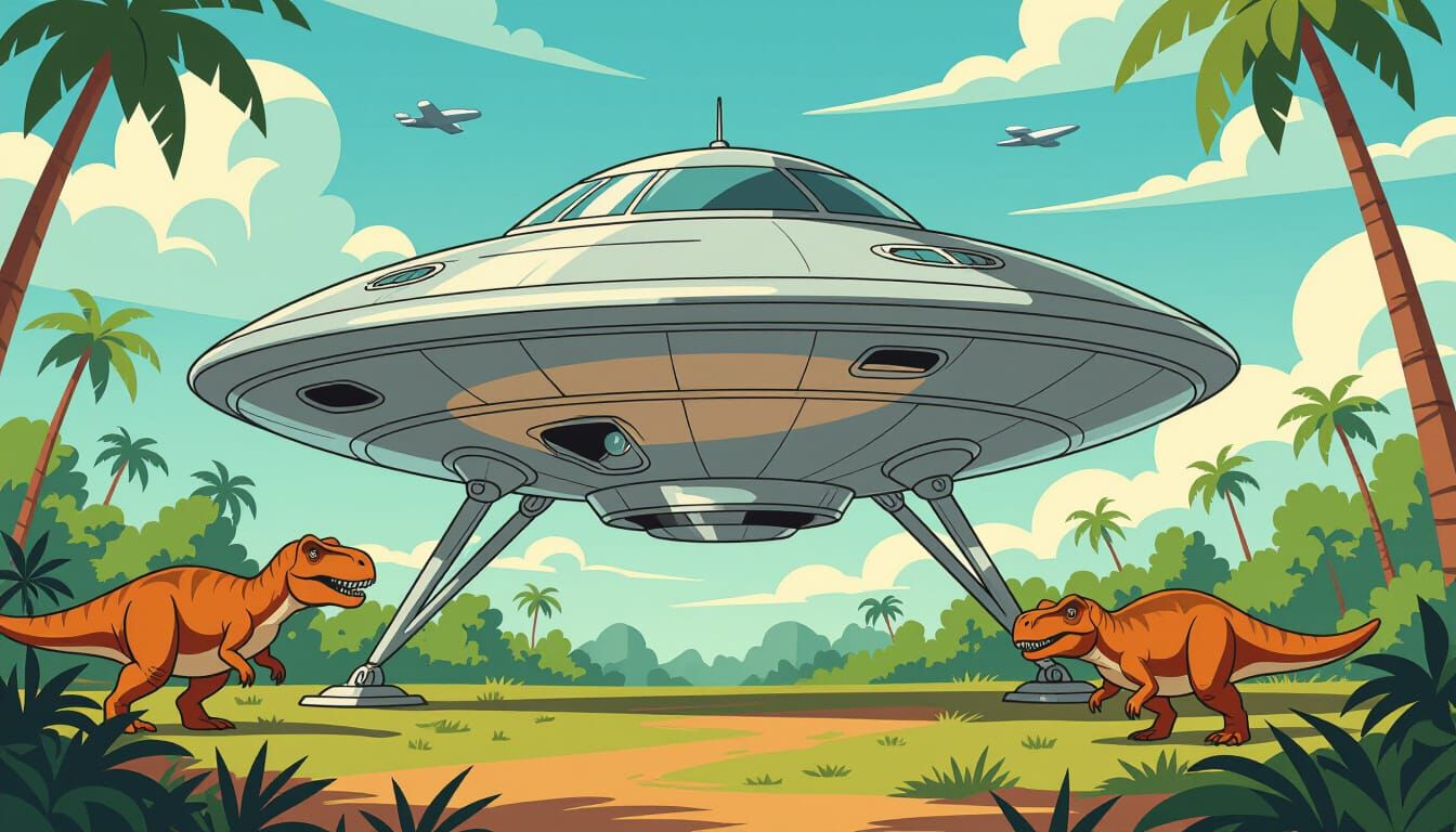 Jupiter 2 Lands in a Dinosaur Jungle, Gritty Cartoon