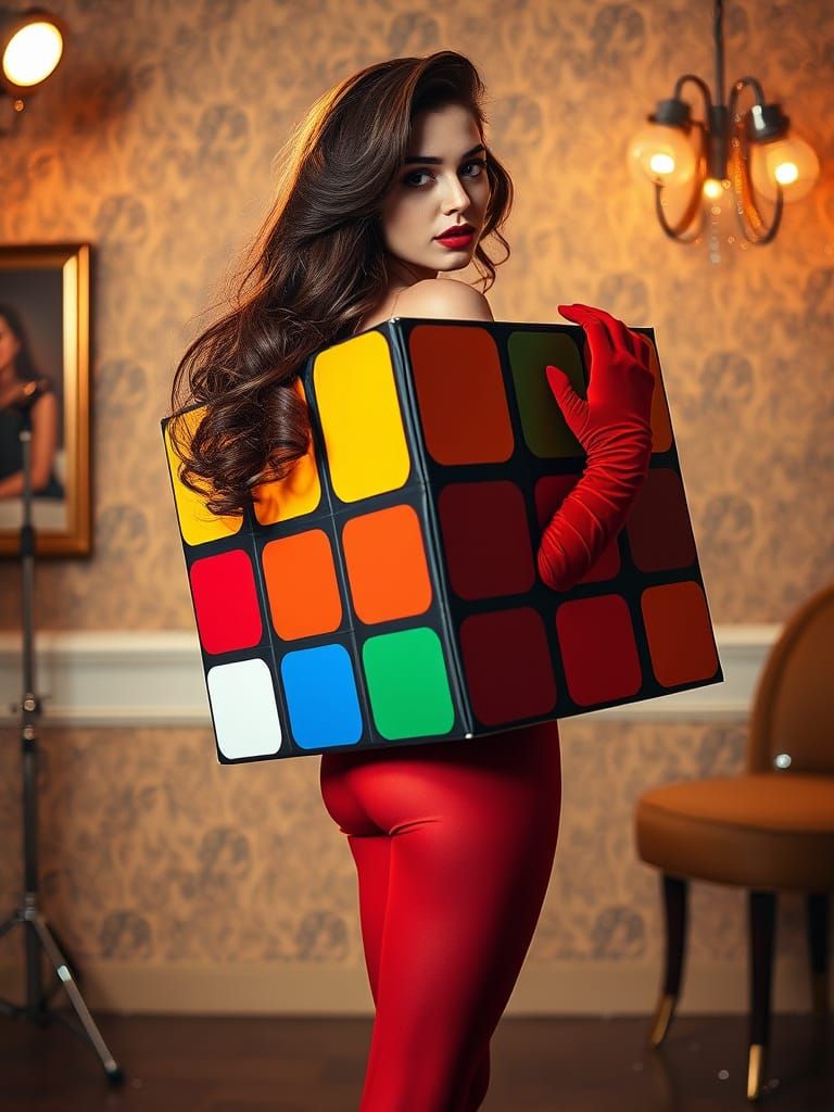 Stunning Young Woman in Rubik's Cube Costume with Old Hollyw...