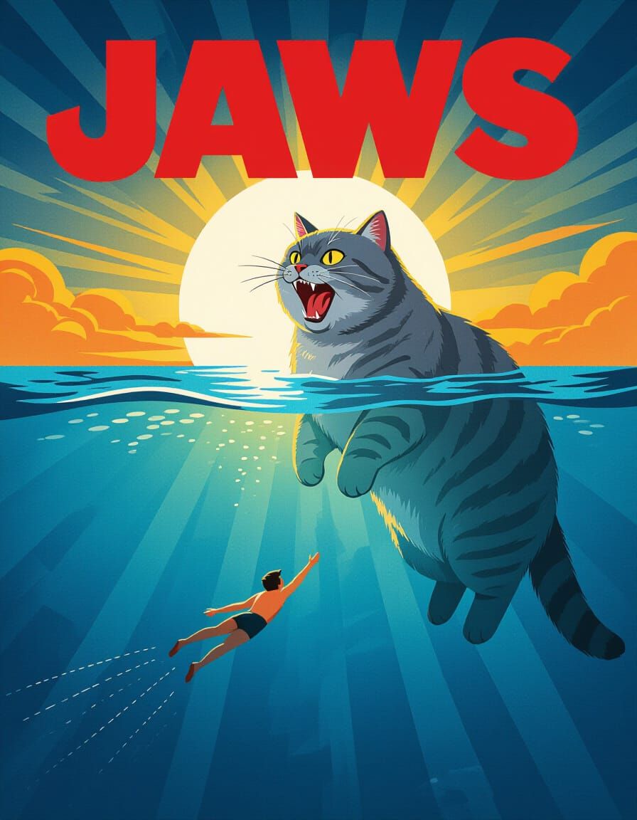 Jaws-Inspired Cat Poster: Feline Predator Surfaces