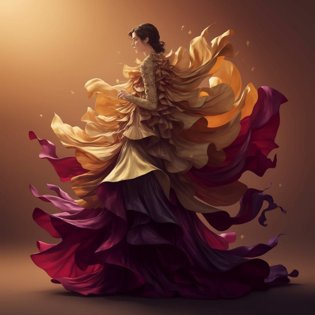 Character in Vibrant Tapestry of Flowing Fabrics