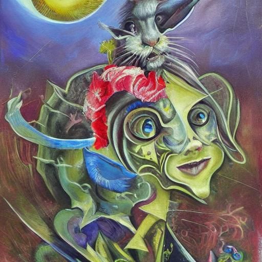 Surreal Rabbit Warrior in Eerie Landscape