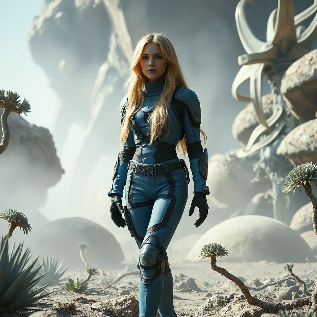 Blue power armor girl walks through mist on an alien planet