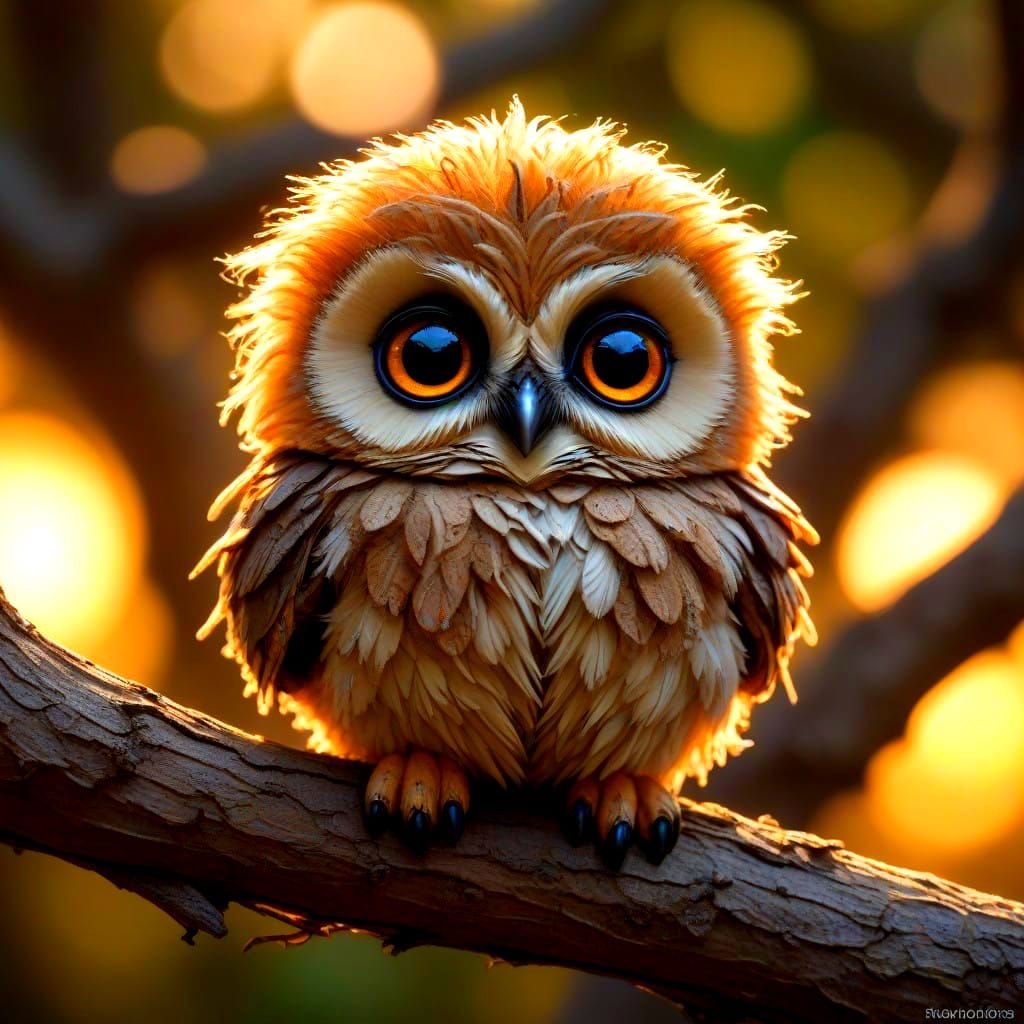 Cozy Baby Owl Perched on a Sunset Tree Branch in Hyperdetail...