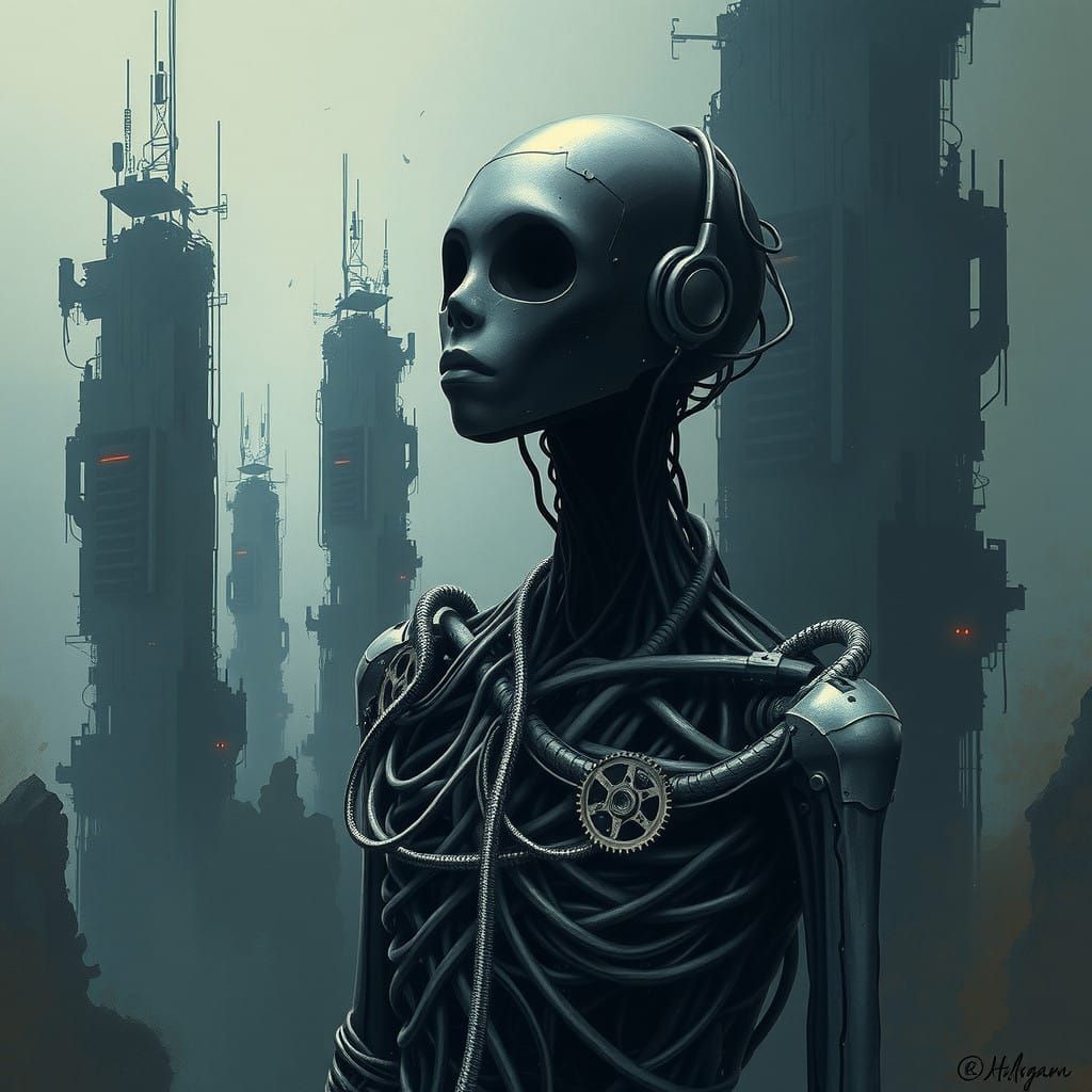 Haunting Android Figure in a Dark, Post-Apocalyptic Landscap...