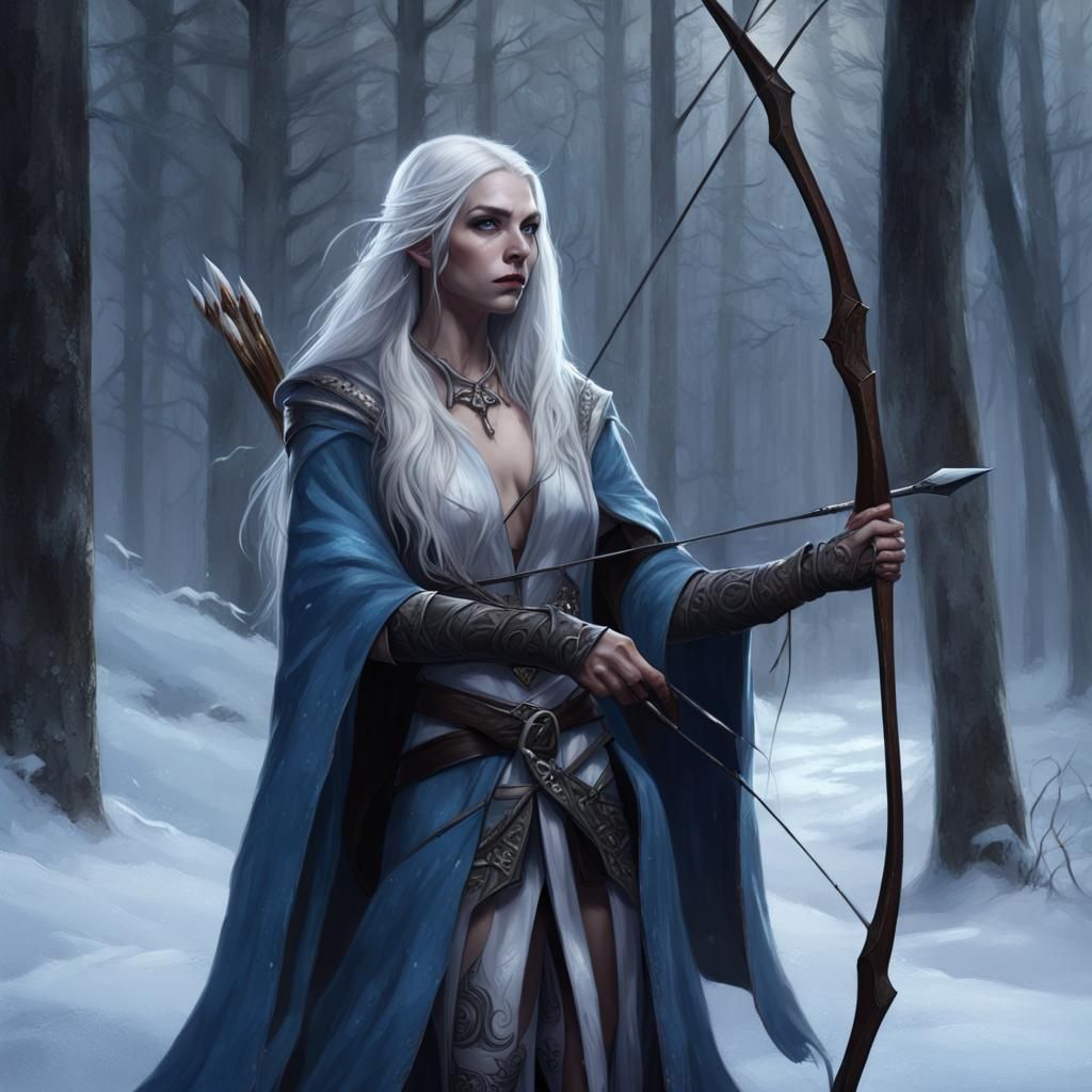 Night Elf in Snowy Forest: Dark Fantasy Art
