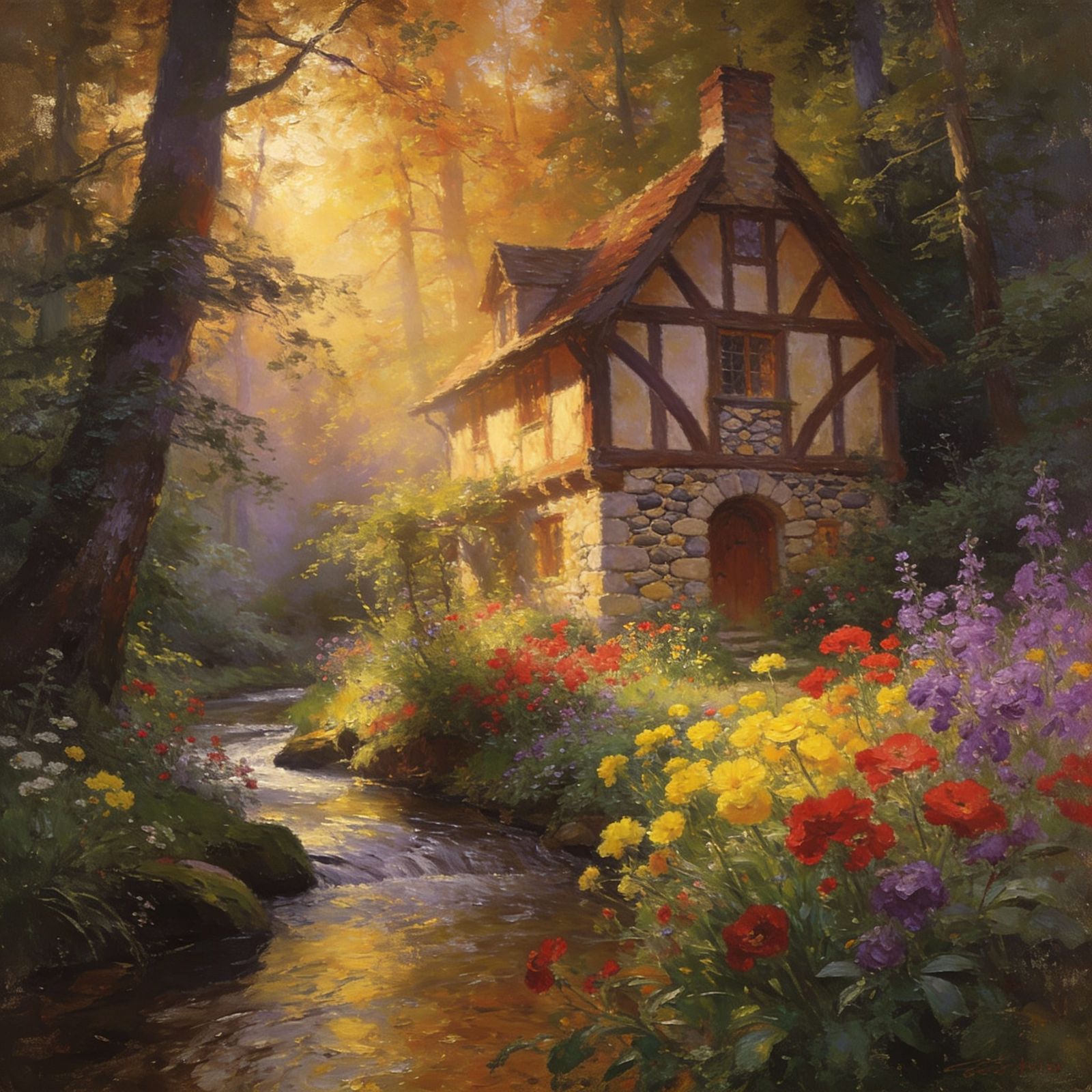 Cozy Tudor Cottage by Stream in Golden Hour