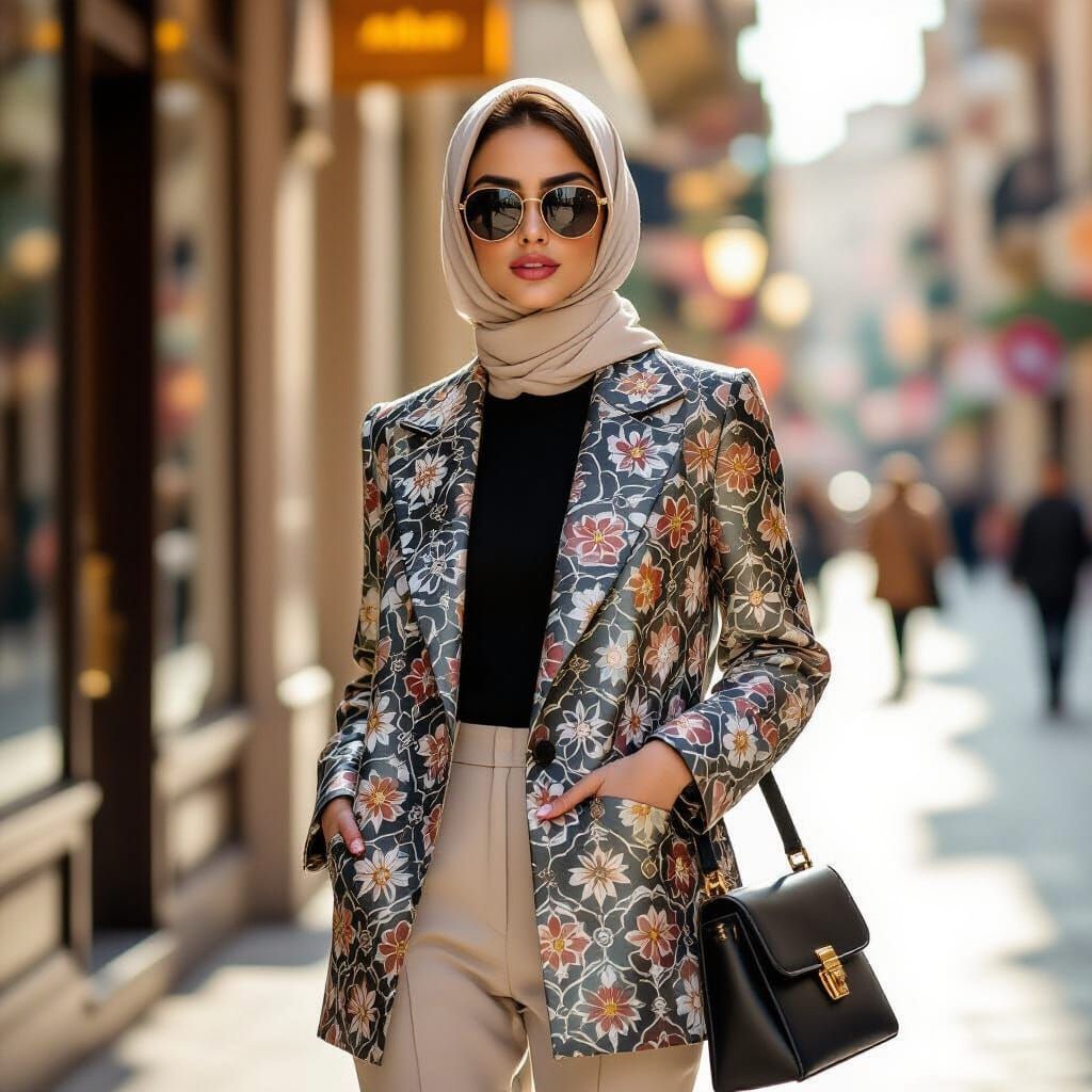 Elegant Woman in Patterned Manteau on Urban Street