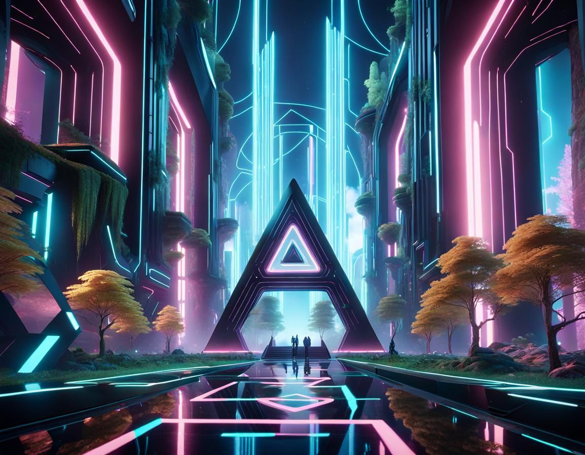 Futuristic Forest City with Triangle Portal in 3D