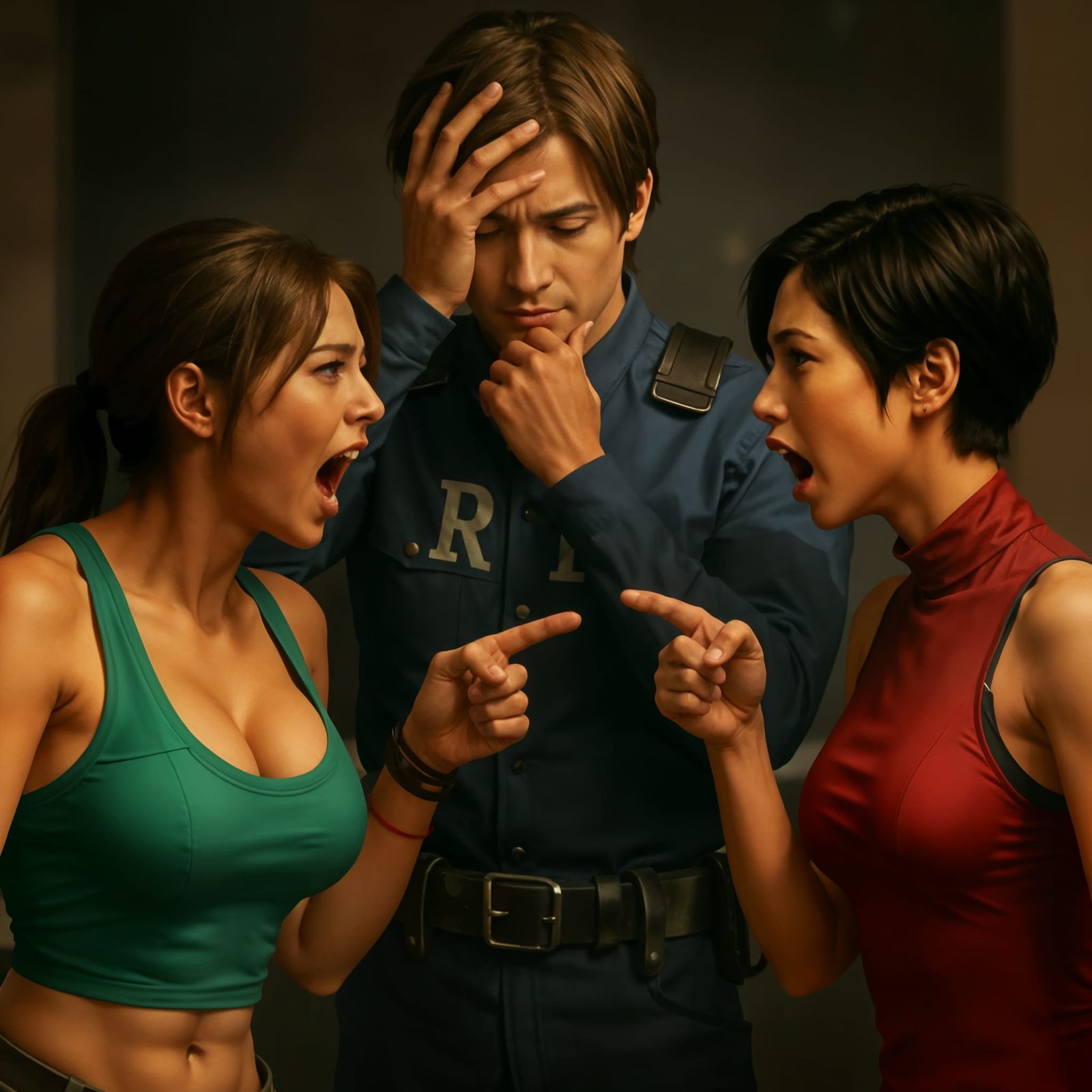 Leon Kennedy Caught Between Lara Croft and Ada Wong