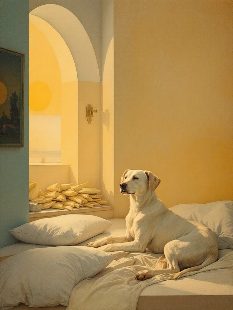 Devotional Dog Guards Sunlit Beds in Symbolic Style