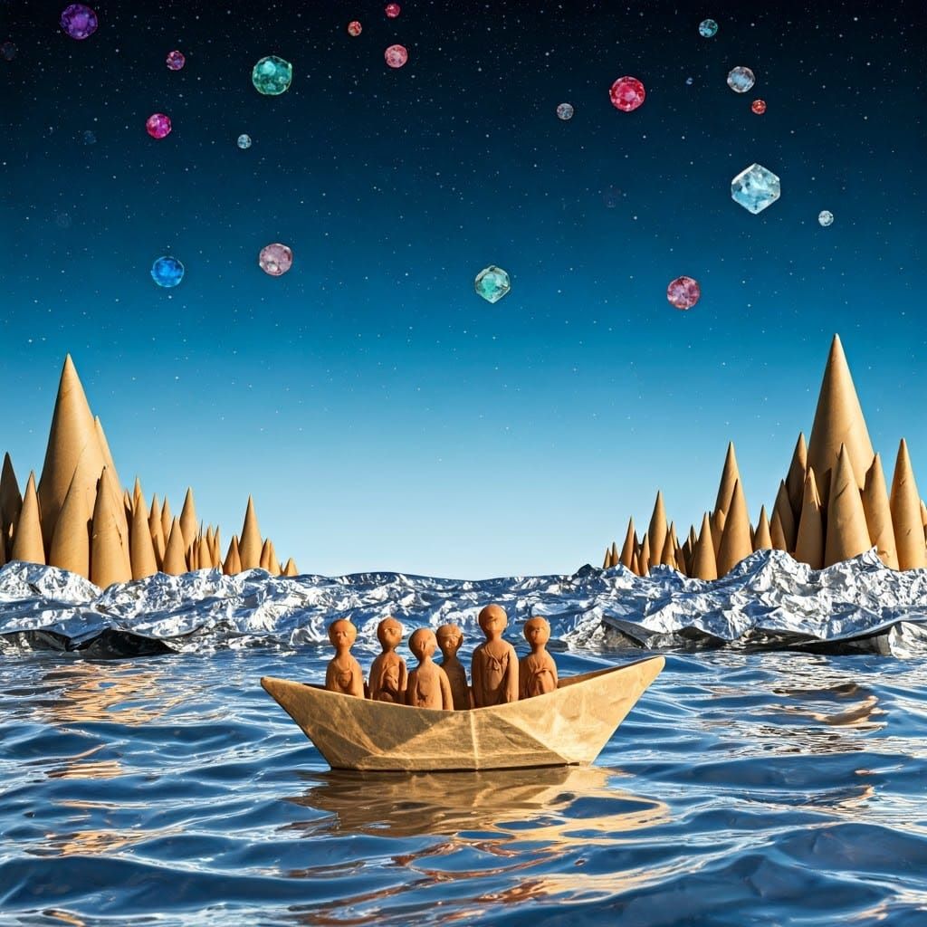 Dreamlike Cardboard Mountains Under a Starry Night Sky