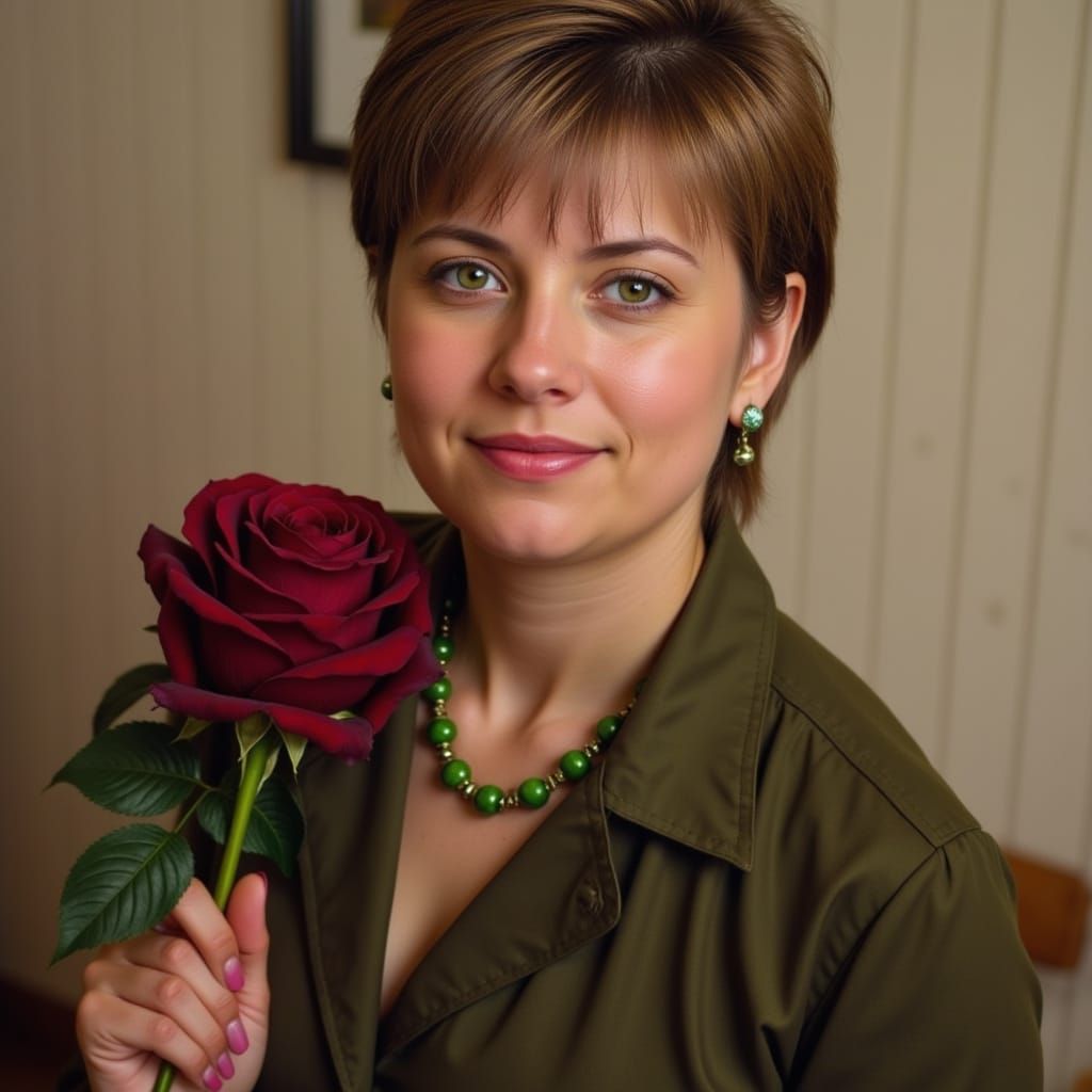 Elegant Art Nouveau Woman with Green Eyes and Rose