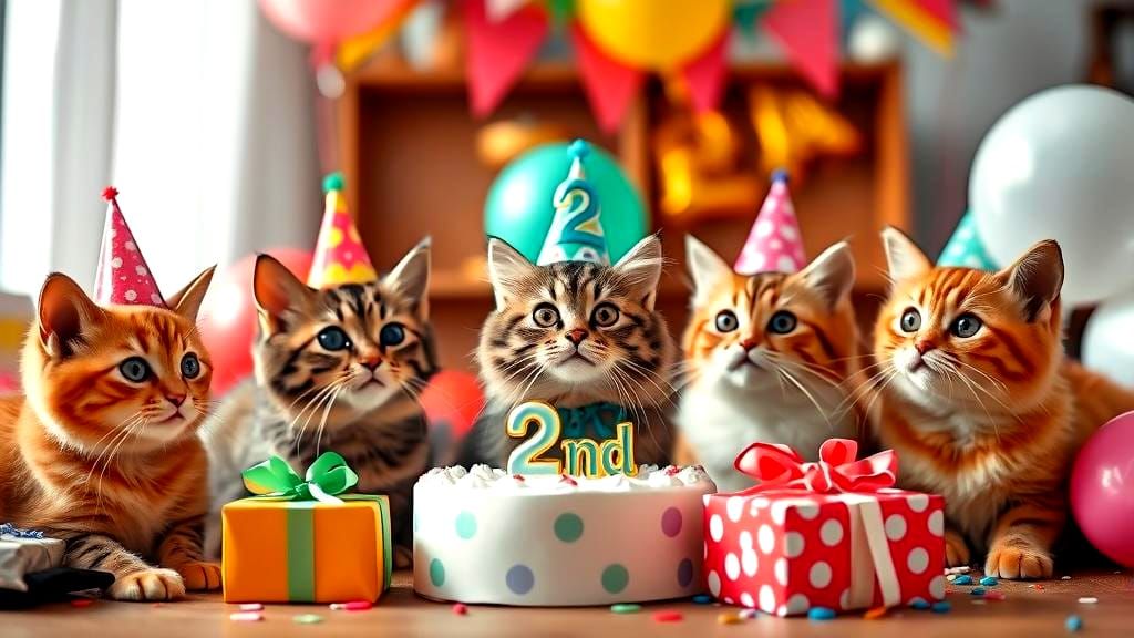 Cat's Birthday Party with Balloons and Presents