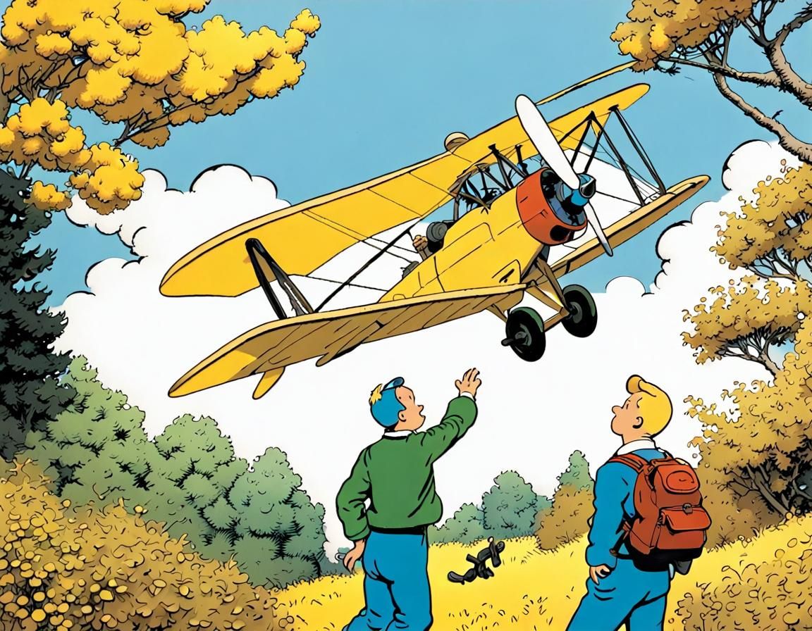 Tintin and Snowy looking up at yellow biplane in the air