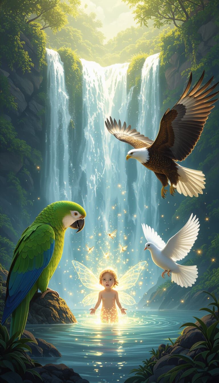 Inspirational Scene: Fairy Child Rescued by Birds in Luminou...