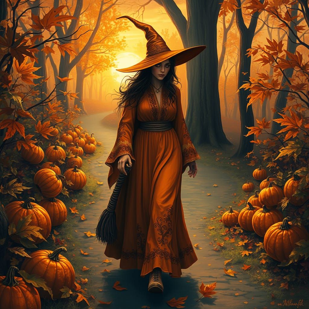 Enchanting Autumn Witch on Pumpkin Path