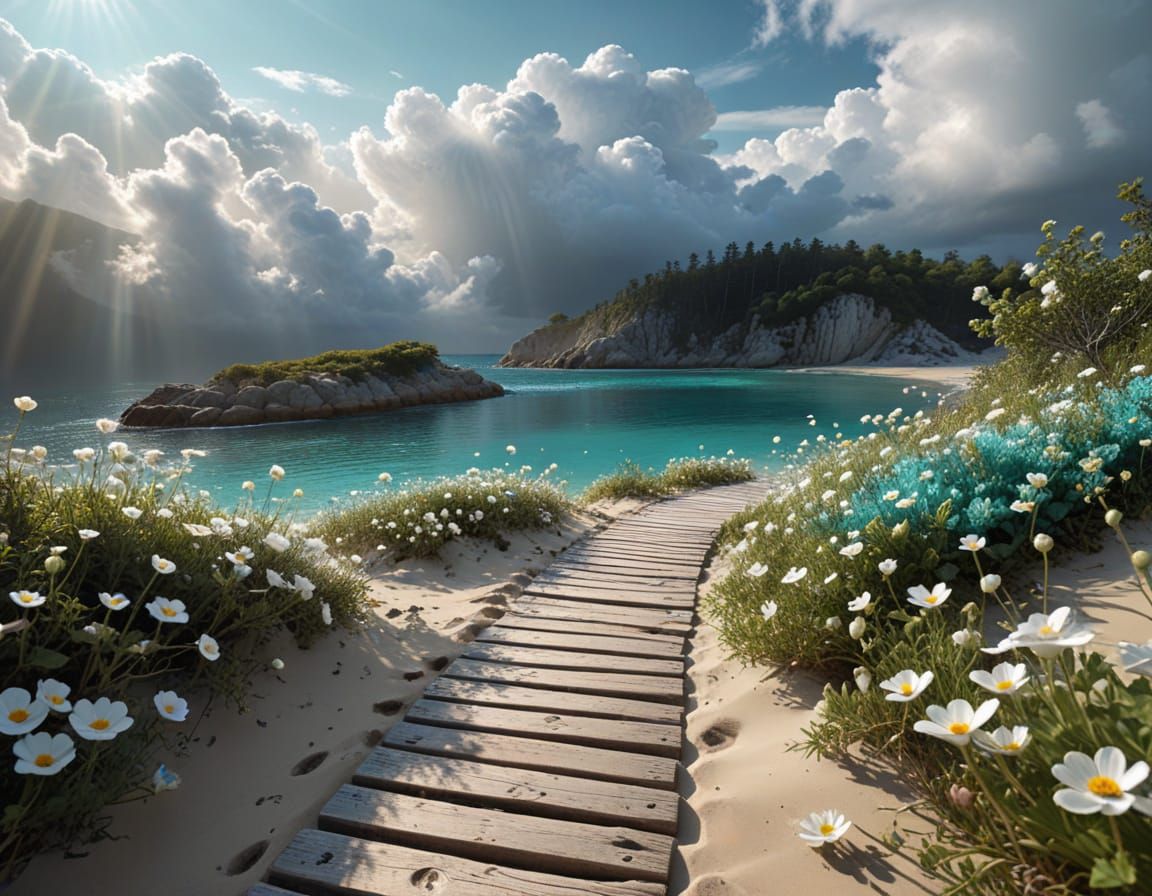 Ethereal Coastal Oasis with Heavenly Sunshine