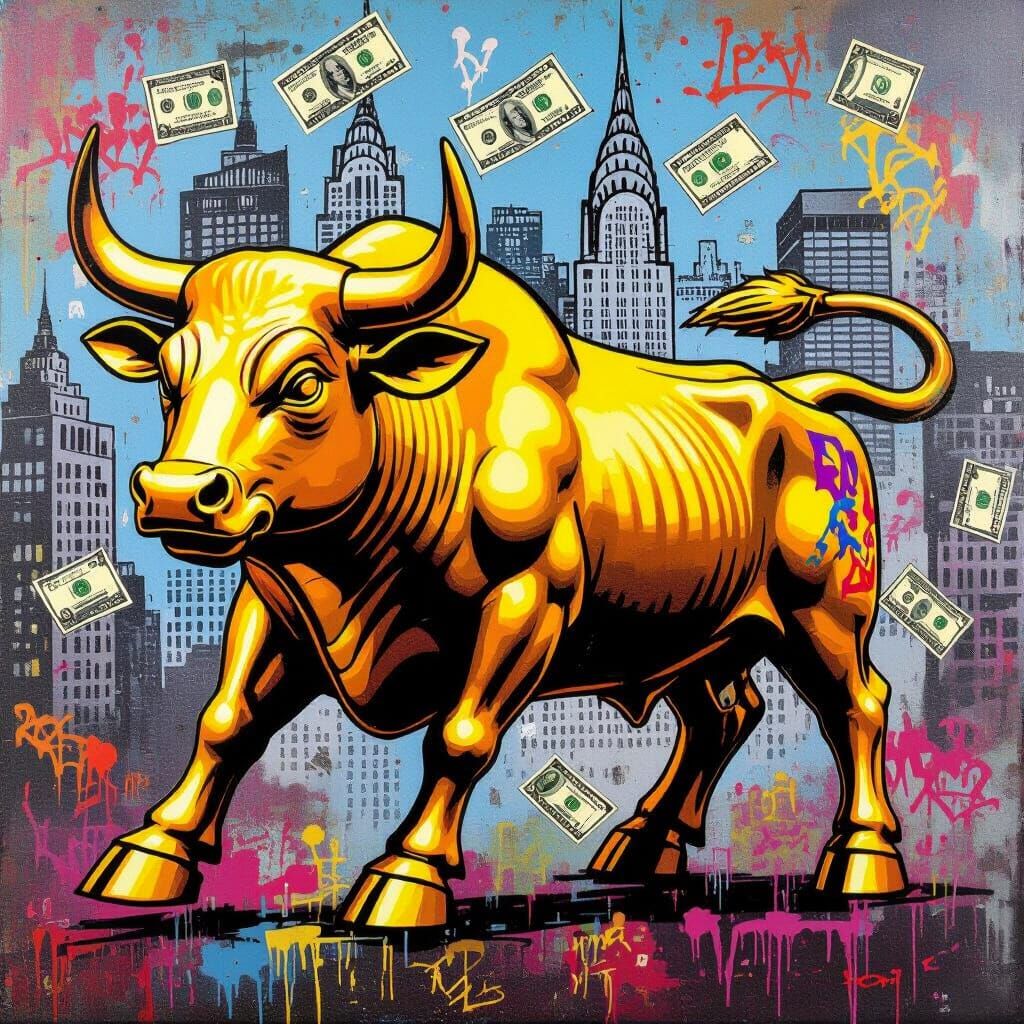 Golden Wall Street Bull in Vibrant Graffiti Pop Art Style