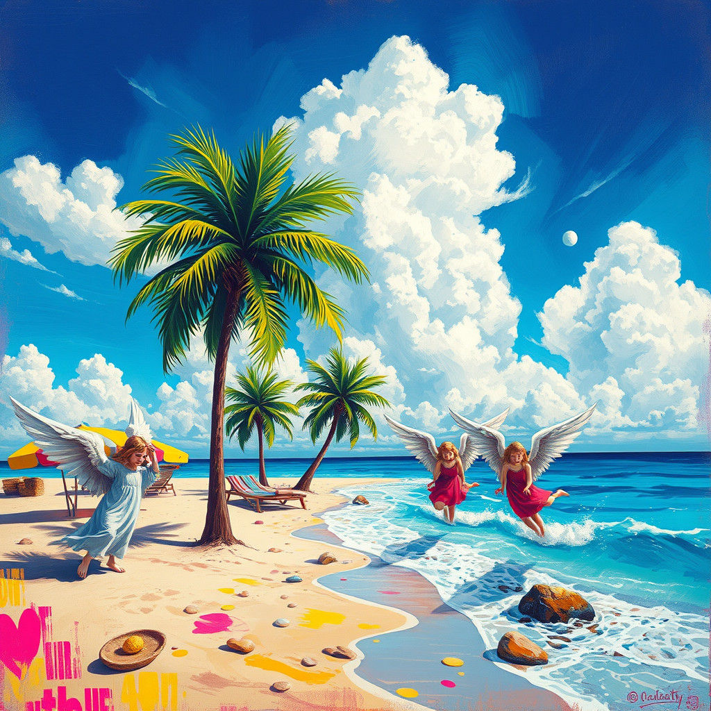 Angelic Beach Scene in Graffiti Art Style