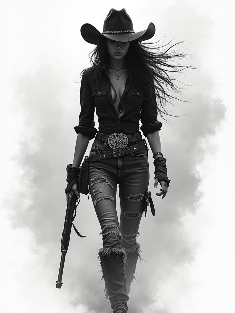 Futuristic Noir Cowgirl Oracle in Ink Wash Style
