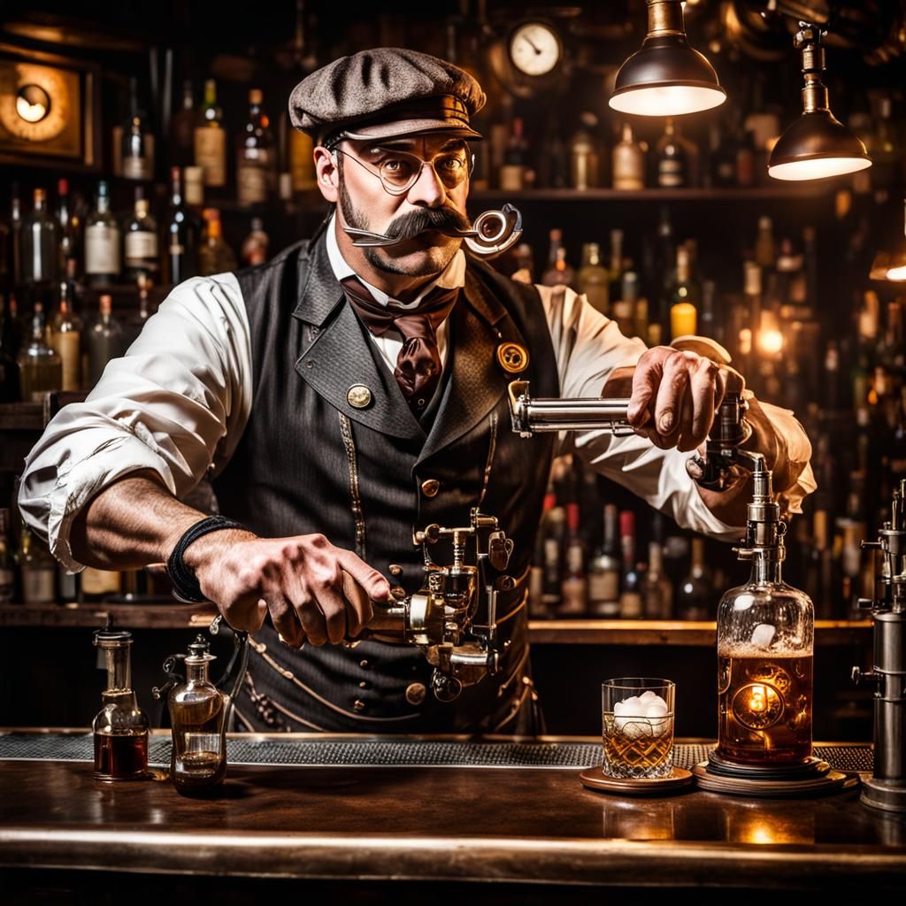 Steampunk Bartender in Dimly Lit Bar